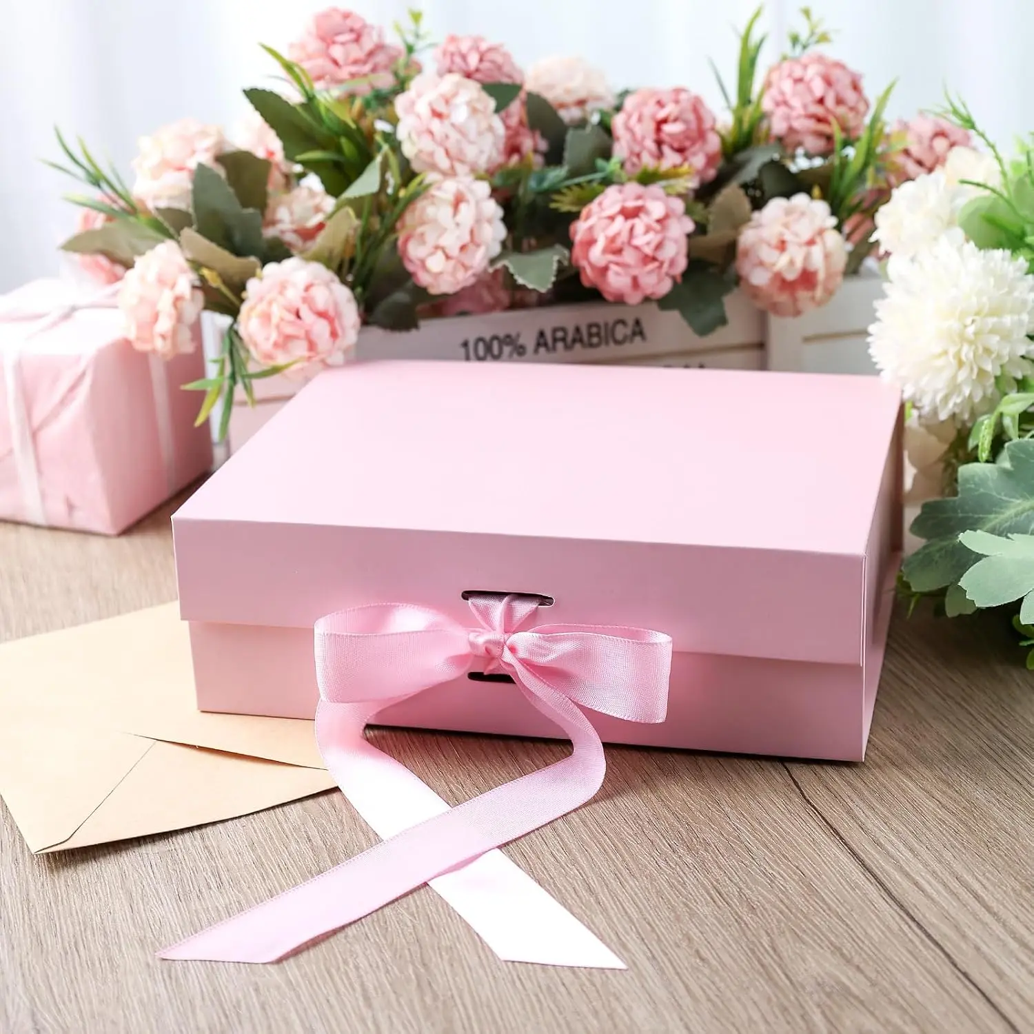 Pink Gift Box, 10.5 X 7.5 X 3.1 inches | Collapsible Cardboard Box Includes A Lid and Ribbon for Scarves, Jewelry, Ties, Candles, Cosmetics and More