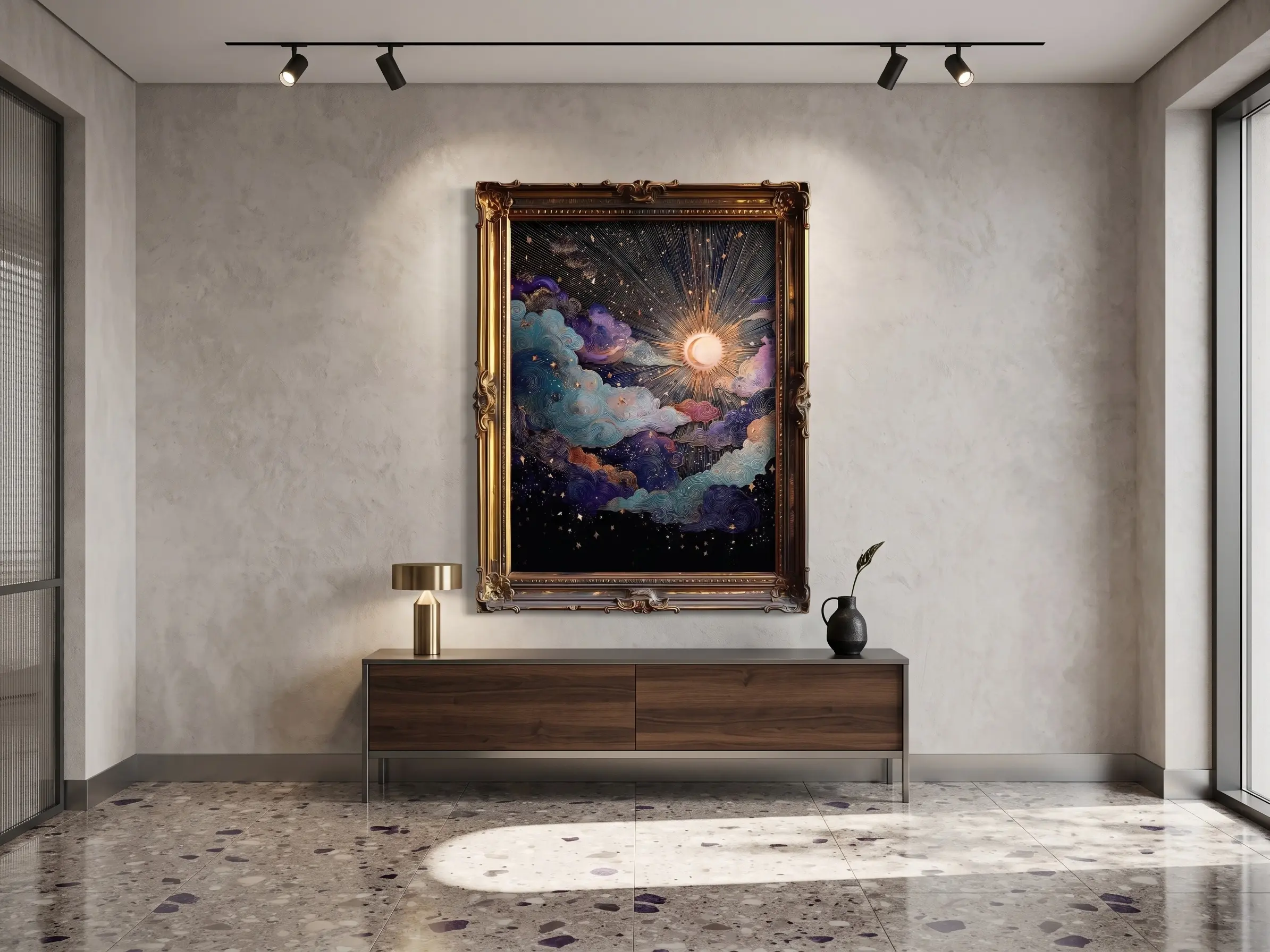 Celestial Sun and Moon Wall Art Print, Cosmic Boho Decor, Mystical Celestial Poster, Framed Canvas Wall Art
