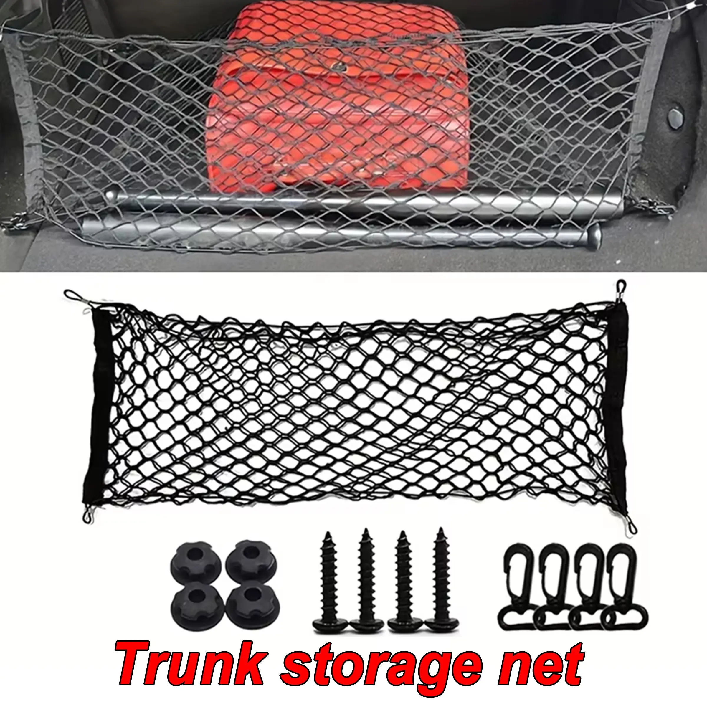Universal Car Trunk Cargo Net with Four Hooks Easy Installation Secure Elastic Mesh Organizer for Luggage Grocery and Emergency Tools, Vehicle Storage Solution for Safe and Tidy Car Boot Universal Fit