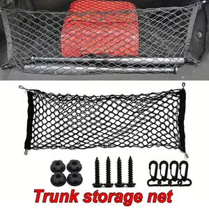 Universal Car Trunk Cargo Net with Four Hooks Elastic Mesh Organizer for Luggage Grocery and Emergency Tools, Vehicle Storage Solution for Safe and Tidy Car Boot