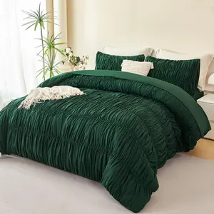 Queen Size Comforter Set Emerald Green 5 Pieces Ruched Bedding with Sheet Set Luxury Soft Pleated Texture Bed in a Bag All Season Boho Farmhouse Ruffle Bed Sets, 90"x90"