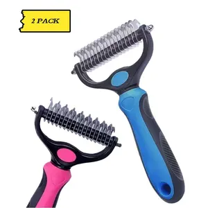 2-Pack Deshedding and Dematting Brush for Dogs and Cats with Long and Thick Hair, Dual Sided, Round Blades for Safety - Stainless Steel, color may vary