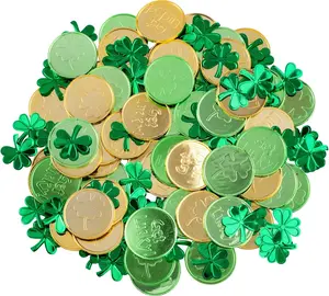 St Patricks Day Table Decorations, 100 Pcs Plastic Good Luck Coins and 1 Oz Shamrock Clover Confetti Table Sprinkles for Irish Party Ornaments