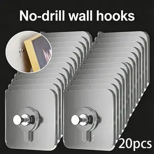 20pcs No Drill Wall Hooks, Wall Mountable Waterproof Bathroom Kitchen Hooks, Bathroom Organizing Accessories, Strong Adhesive Backing, Easy Removal, Removable Hooks, Ideal for Photos Posters Keys Towels
