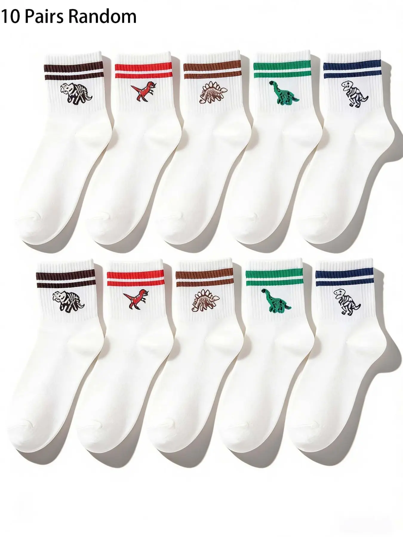 Men's Vintage Striped Mid-Calf Socks, Dinosaur Embroidery Fun Retro Street Style, Comfortable Casual Daily Wear, 10 Pairs, Streetwear