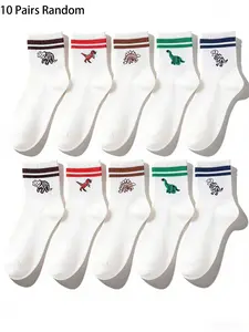 Men's Vintage Striped Mid-Calf Socks, Dinosaur Embroidery Fun Retro Street Style, Comfortable Casual Daily Wear, 10 Pairs