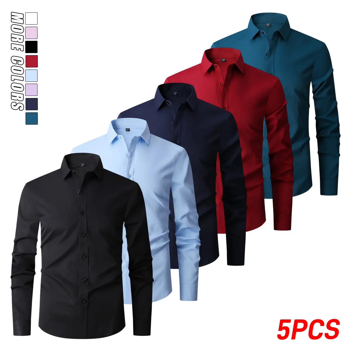 Set of 5 men’s long-sleeve shirts suitable for banquets, business, professional, and formal occasions; ideal for suits, casual wear, and work.
