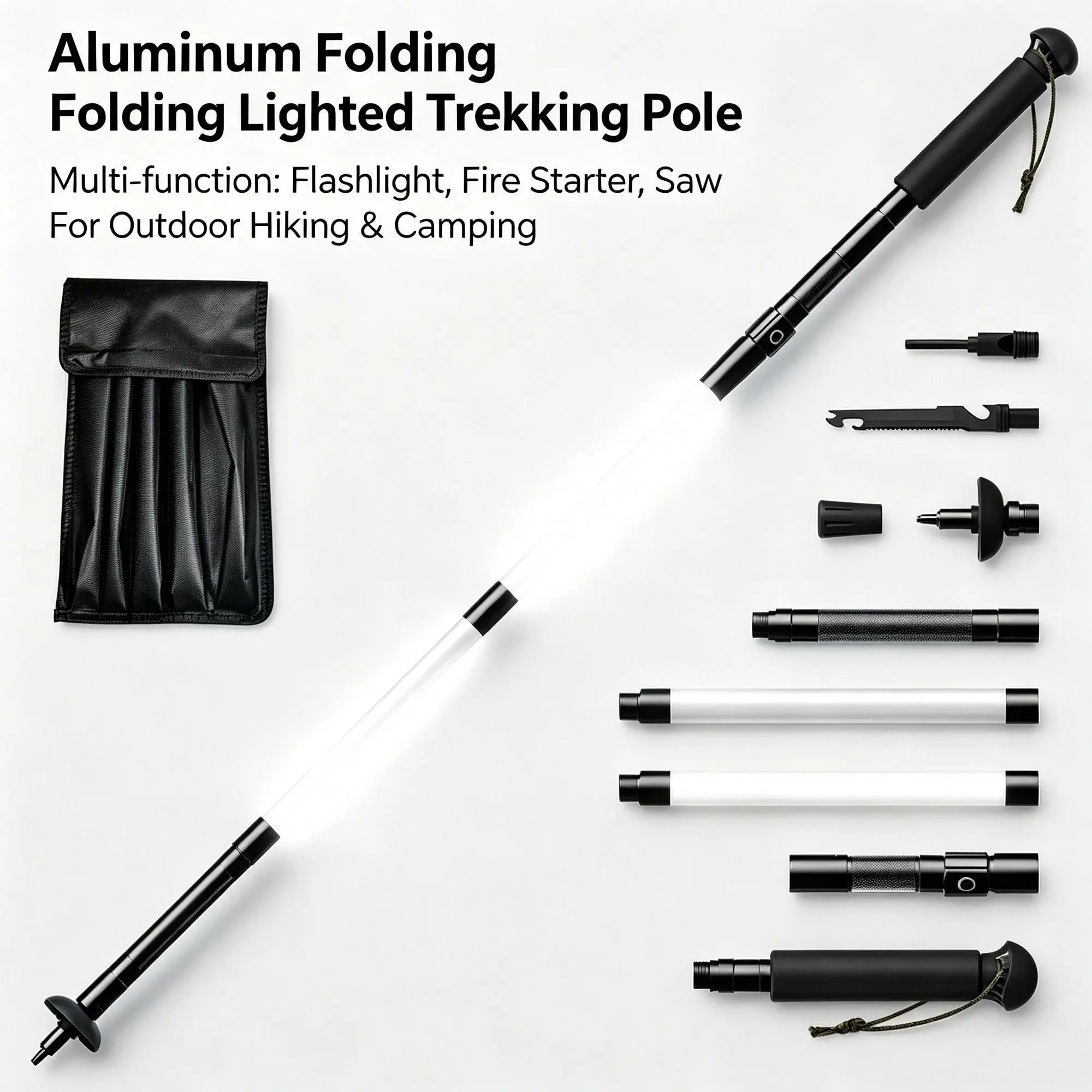 Multifunctional Trekking Pole - Aluminum Alloy, Foldable, Lightweight (500g), 44.1in, Wear-Resistant, Rechargeable Glow-in-the-Dark Lamp, Flashlight, Fire Starter, Saw Tool, Easy Storage, Ideal for Hiking, Camping, Multifunctional Trekking Poles