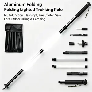 Aluminum Alloy Foldable Lighted Trekking Pole - 44.1 Inches, 500g, Wear-Resistant, Glow-in-the-Dark, Rechargeable Lamp, Multifunctional Gear with Flashlight, Fire Starter & Saw Tool, Lightweight, Easy Storage, Ideal for Hiking, Camping