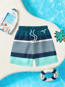 Boys Blue Striped Printed Beach Pants, Quick-Dry Adjustable Drawstring Shorts, Summer Swimwear for Pool and Ocean Play, Casual Wear