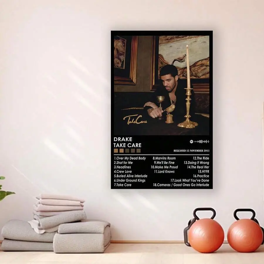 Drake Take Care Album Tracklist Canvas Photo Print Poster - Minimalist Woody Wood-Frame Option, Lightweight Hip-Hop Rapper Wall Art, Scratch-Resistant Hanging Framed/Unframed Home Decor for Bedroom, Kid Room, Gifting to Drake Fans, Take Care Tribute, Icon