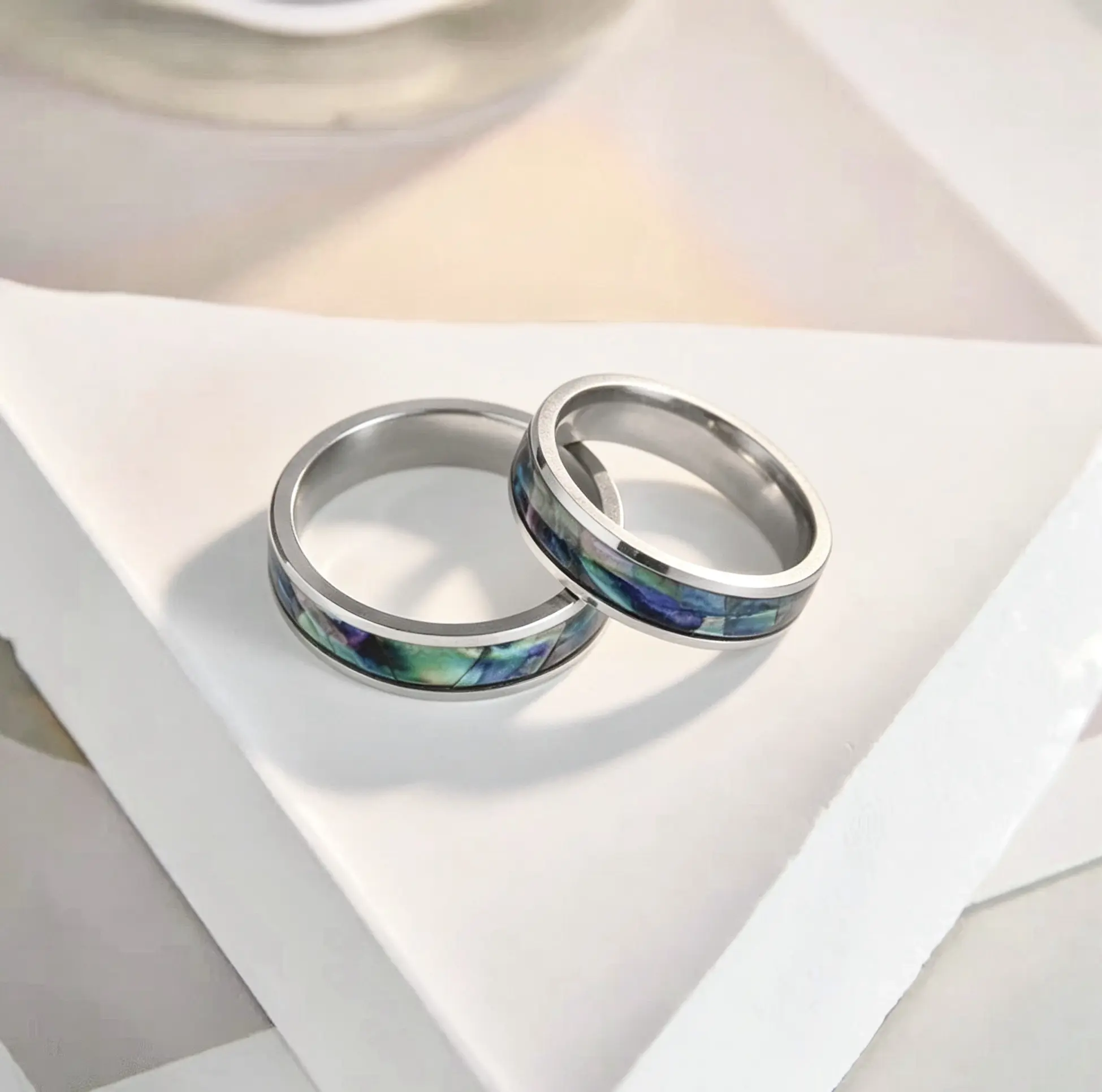 Couple Ring,Natural Abalone Shell Inlay 316L Stainless Steel Ring, Hypoallergenic Stackable Ocean Inspired Jewelry Gift for Men Women