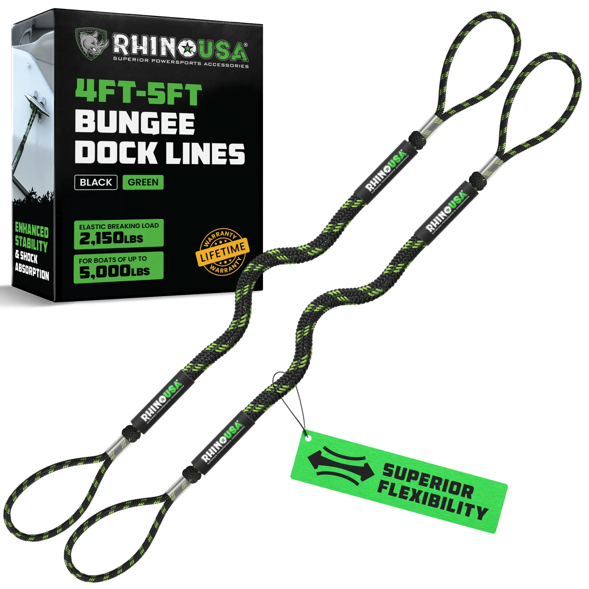 Rhino USA Heavy-Duty Bungee Dock Lines - Bungee Dock Rope for Jetski, Boat, and More.