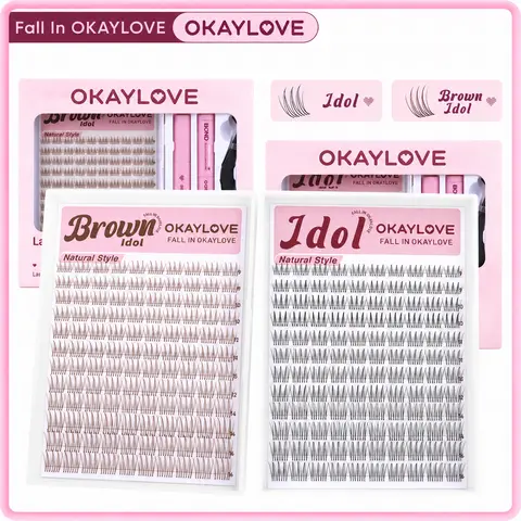 OKAYLOVE Brown Idol Wispy Lash Cluster Kit - D Curl Fluffy 0.03mm Eyelash Clusters, Plastic Adhesive, DIY At-Home Lash Extensions, Real-Look for Makeup Enthusiasts, Nature-Infused Cosmetic Gift