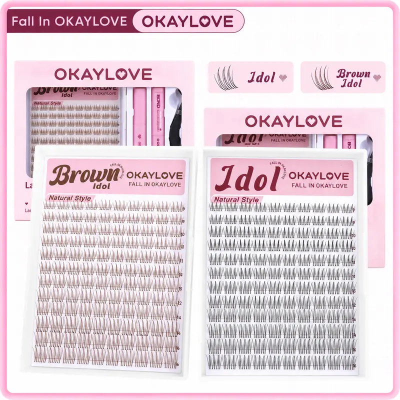 OKAYLOVE Brown Idol Wispy Lash Cluster Kit - D Curl Fluffy 0.03mm Eyelash Clusters, Plastic Adhesive, DIY At-Home Lash Extensions, Real-Look for Makeup Enthusiasts, Nature-Infused Cosmetic Gift