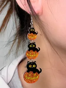 1 Pair Halloween Gothic Black Cat Acrylic Earrings with Evil Orange Pumpkin - Whimsical Dangle Charms for Women, Perfect for Festive Occasions, Halloween Accessories, Witchy Jewelry|Whimsical Earrings