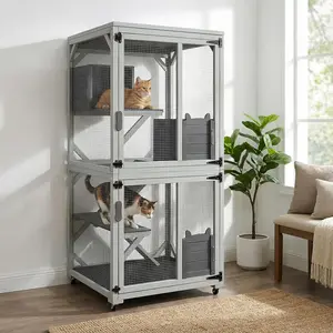 Niubya 71" Large Outdoor Catio on Wheels, Weatherproof Cat Kennel Outdoor with Window Box Connection, Portable Balcony Catio & Outdoor House for Cats with Jumping Platforms, Fir Wood