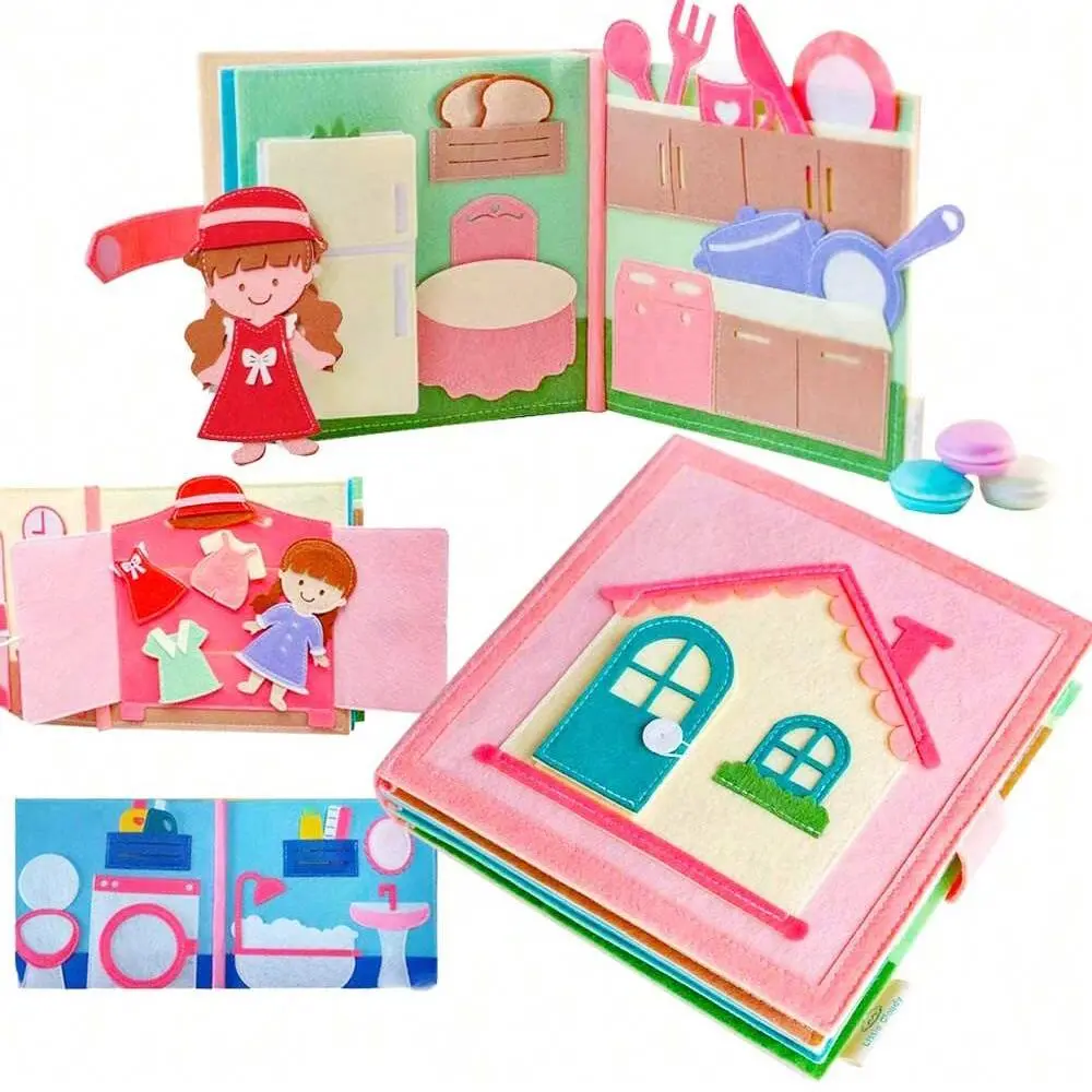 Montessori Toddler Preschool Busy Book Doll House Felt Quiet Book Pre-School Learning Basic Life Skills Activity Storybook Toddler Learning Books 36 Months+ Boy Girl Gift