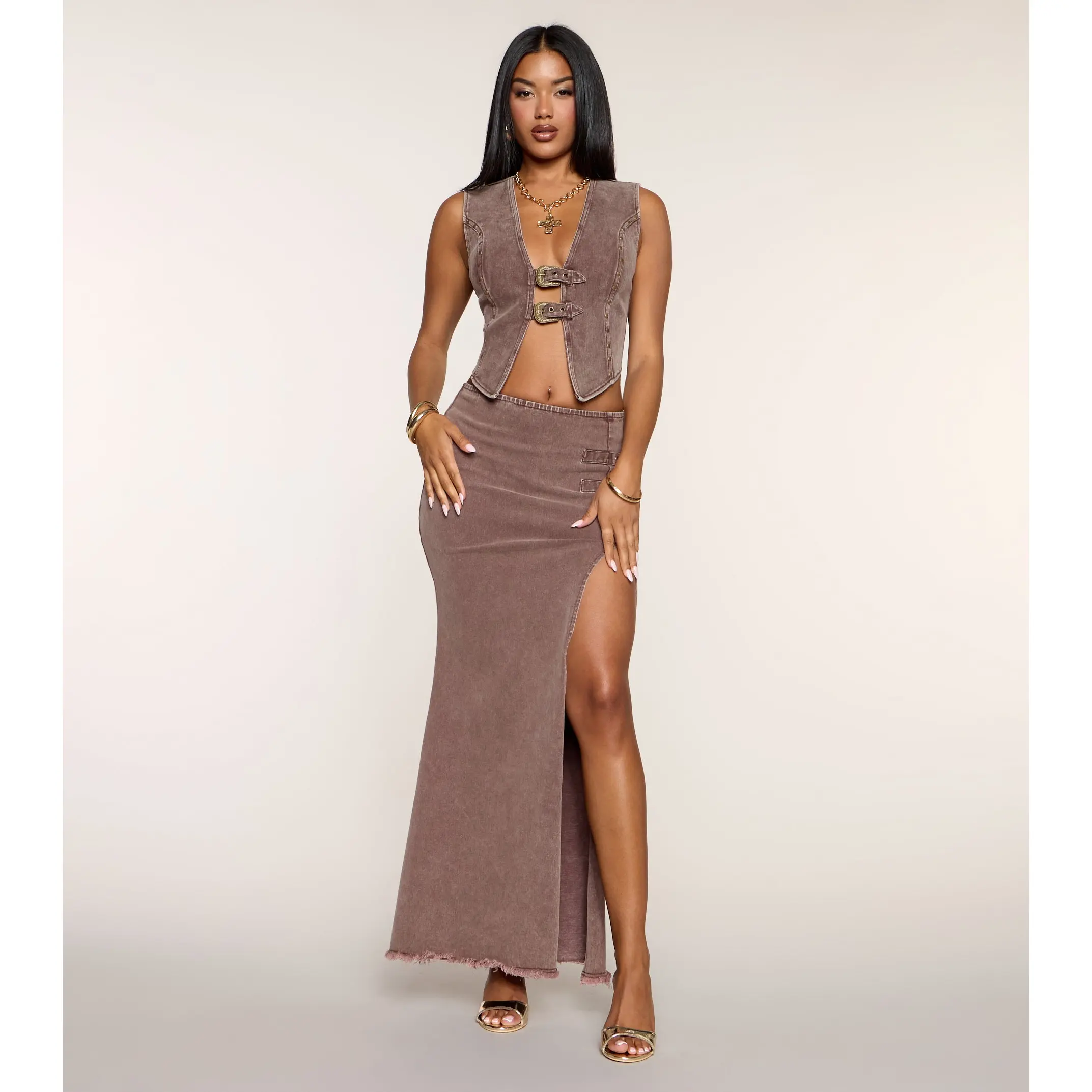 Western Ways Belted Denim Maxi Skirt