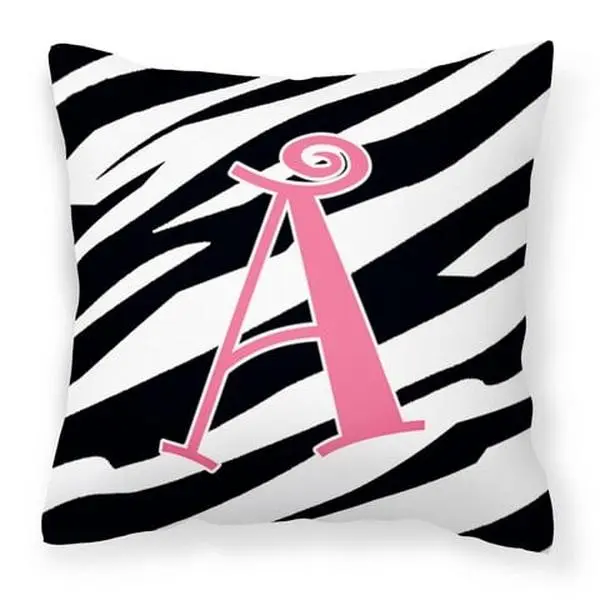 Carolines Treasures CJ1037-APW1414 Polyester Letter A Monogram Decorative Pillow - Zebra Stripe, Pink Fabric, Fade Resistant, Machine Washable, 14 x 3 x 14 in.