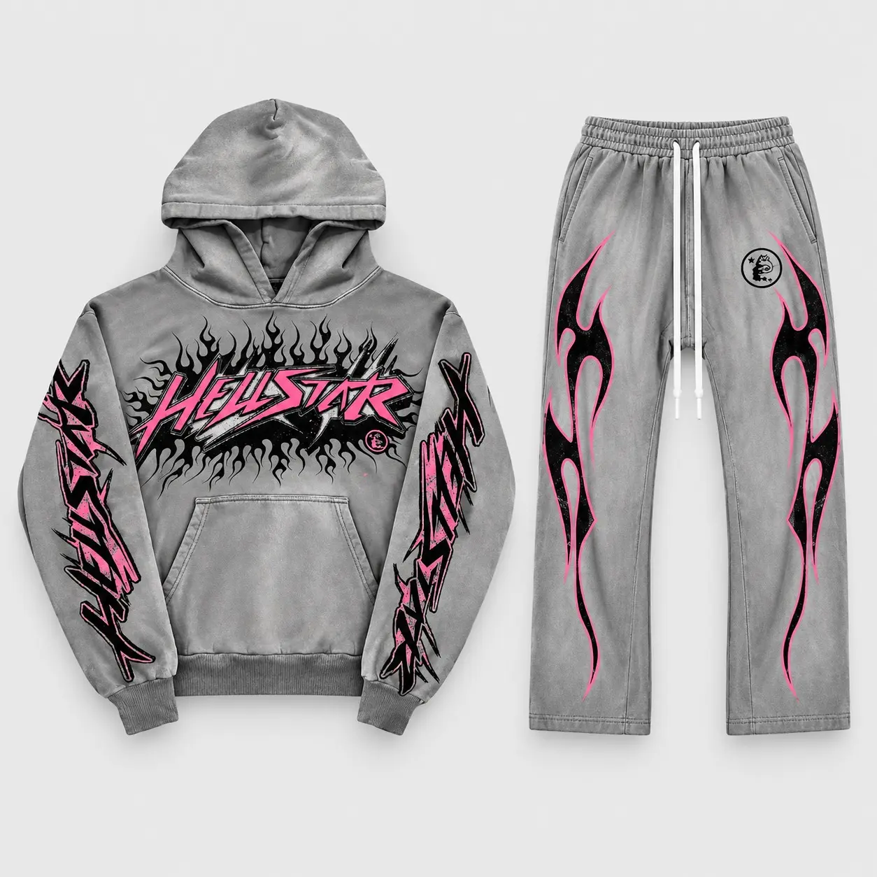 Hellstar Future Flame Grey Hoodie & Sweatpants, Y2K Graphic Streetwear, Unisex Jogger Pants, Casual Urban Outfit