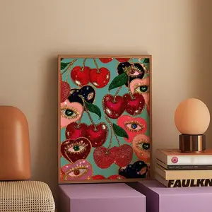 1 Pc Cherry Poster, Funky Print, Maximalist Glam Art, Eclectic Fruit Poster, Eye Themed Print, Kitchen Wall Decor, Bold Red Print, Dopamine Decor -Posters Canvas Painting Wall Arts Room Home Decoration Unframed