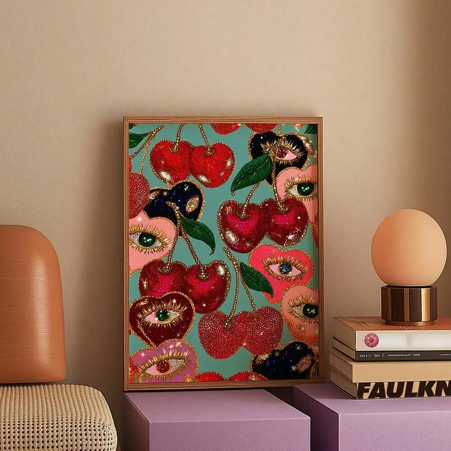 1 Pc Cherry Poster, Funky Print, Maximalist Glam Art, Eclectic Fruit Poster, Eye Themed Print, Kitchen Wall Decor, Bold Red Print, Dopamine Decor -Posters Canvas Painting Wall Arts Room Home Decoration Unframed