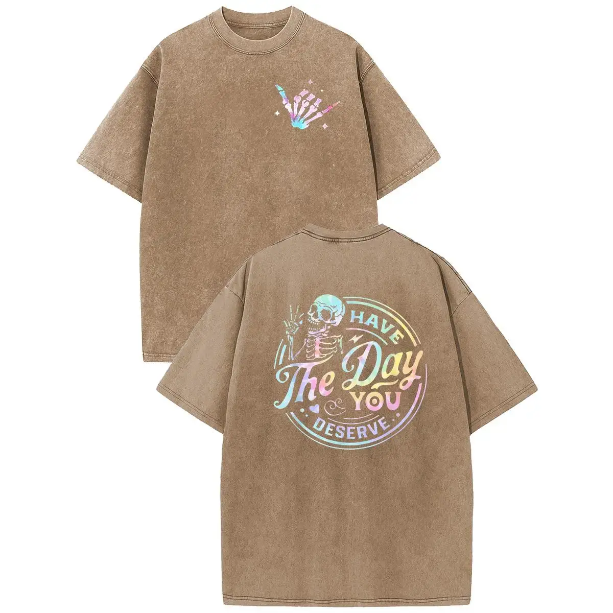 Women's Oversized Acid Wash Vintage Skeleton Pattern Short-Sleeve Cotton T-Shirt - Fashion Streetwear with Sarcastic Quote, Comfortable Women's Clothes, Durable Fabric, Pairable with Jeans for Daily Wear