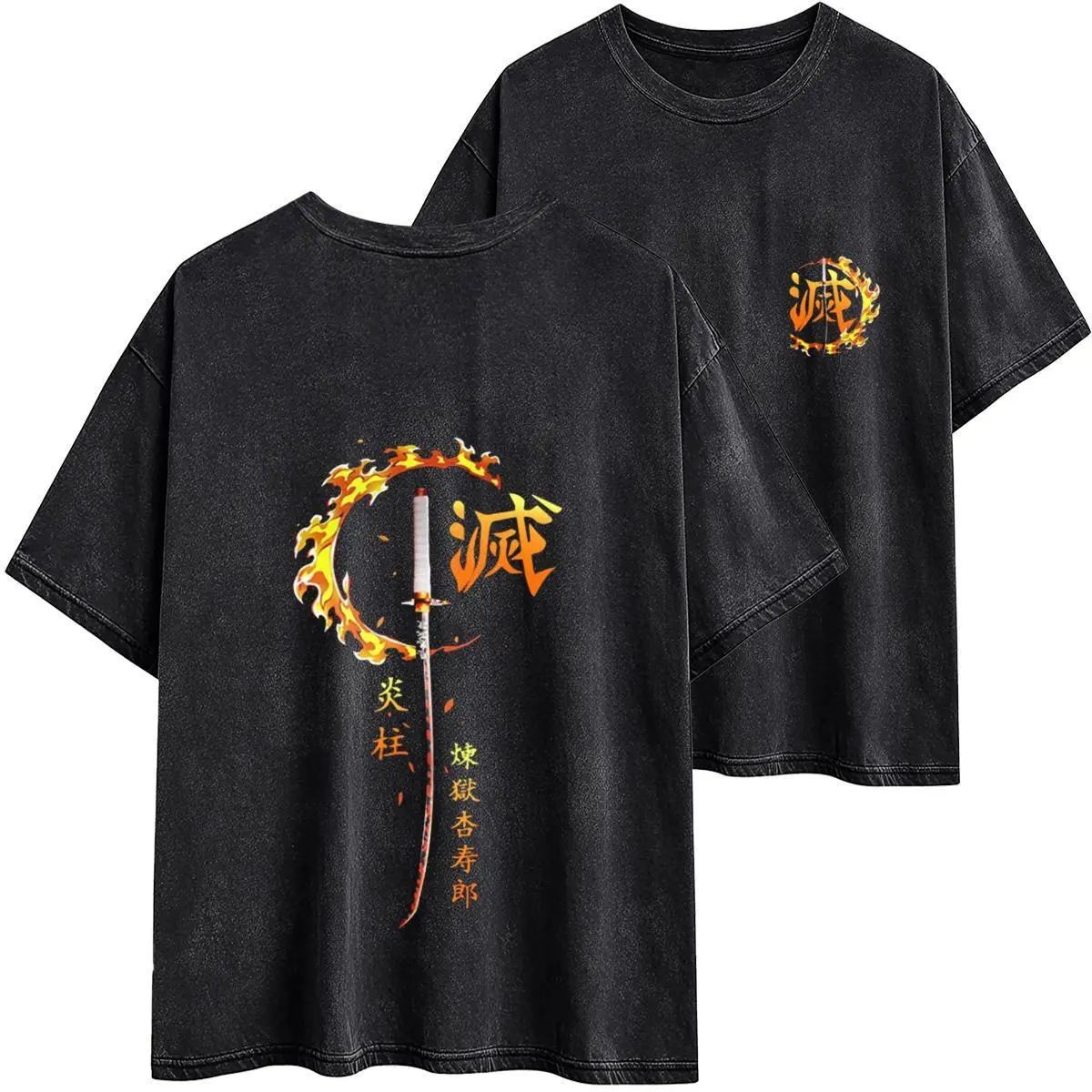 Men's Demon Slayer Kyojuro Rengoku Katana Graphic T-Shirt - 90s Slayer Style, Soft Washed Cotton-Polyester Blend, Unisex Crew Neck Short-Sleeve, Black with Red Design, Seamless Casual Streetwear, Father's Day Gift, All Seasons, Cold Wash Menswear Apparel,