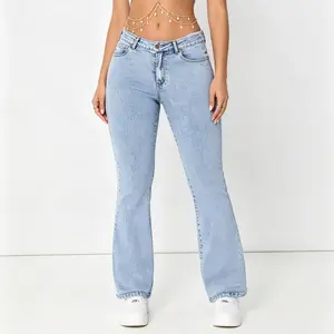 Women's Light Blue Washed Flare Jeans Women's Slim Fit Elastic Flare Pants High Waist Skinny Jeans