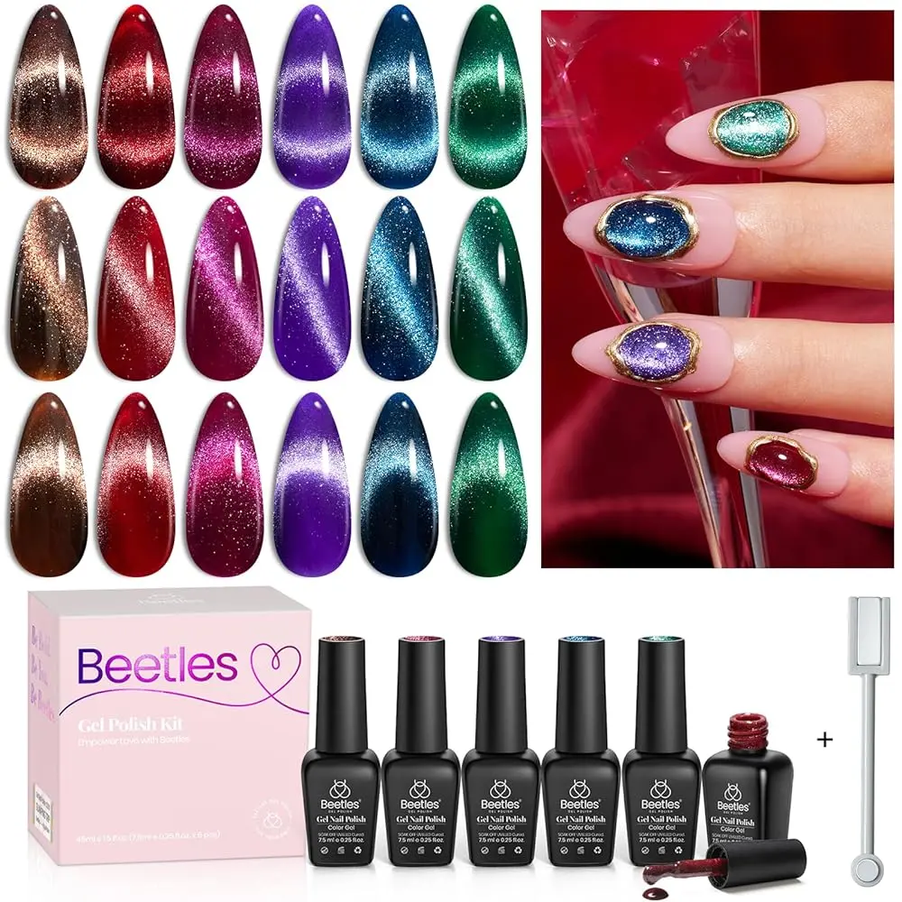Beetles Christmas Gel Nail Polish Set –  Cat Eye Gel Jelly Gel Red Green Glitter Gel Polish, Soak Off UV LED Winter Long Lasting Nail Gel Kit for Manicure Gifts for Women Black Friday Winter Nail Christmas Gift