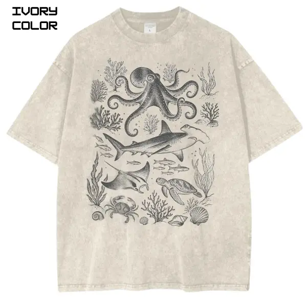 Vintage Marine Life Graphic Tee,Octopus, Shark, Turtle Illustration, Retro Ocean Nature Tee, Ocean Lover Shirt, Unisex Streetwear Tee, cotton crewneck shirt, Gift For Him and Her