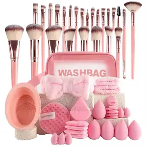 40-Piece Pink Professional Makeup Brush & Sponge Kit with Organizer Bag – Full Face Beauty Set