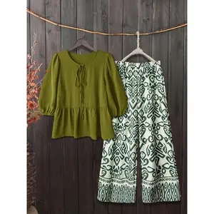 Women's Plus Size Casual Patchwork Pants Set, Loose-Fitting Long Sleeve Top & Printed Bottoms, Spring & Fall Fashion
