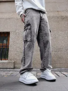 Men's Loose Fit Wide Leg Workwear Jeans, Vintage Water System Classic Six Pockets Design, Casual Style, Non-Elastic Fabric, All Seasons Comfortable Wear