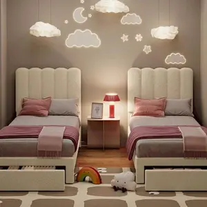 2 Sets Twin Bed Frame with Drawer,Boucle Upholstered Platform Bed with Wave Headboard, Kids/Girls Bed,Wooden Slats Support,No Box Spring Needed,Noiseless,Boucle Beige