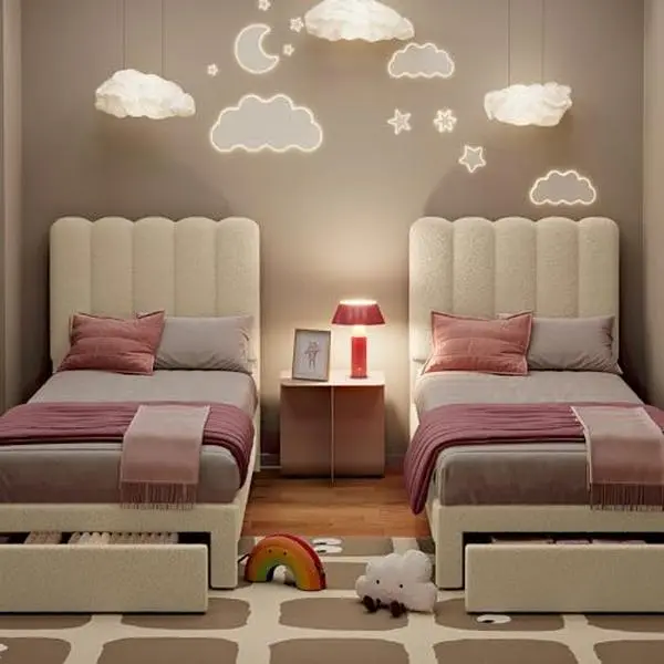 2 Sets Twin Bed Frame with Drawer,Boucle Upholstered Platform Bed with Wave Headboard, Kids/Girls Bed,Wooden Slats Support,No Box Spring Needed,Noiseless,Boucle Beige