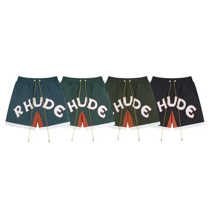 Rhude Casual Cropped Shorts, Patchwork Color-Blocked Fun Alphabet Print Drawstring Shorts
