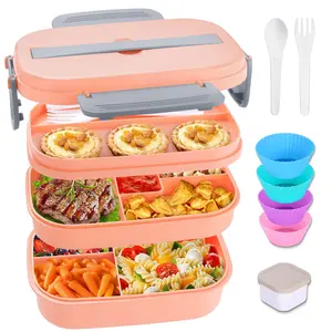 Bento Box Adult Lunch Box, Stackable Bento Lunch Container for Adults Kids, 3 Layer Portable Lunch Containers with Utensils, Sauce Jar, Muffin Liners, 63oz, Microwave & Dishwasher Safe, Pink Lid Plastic
