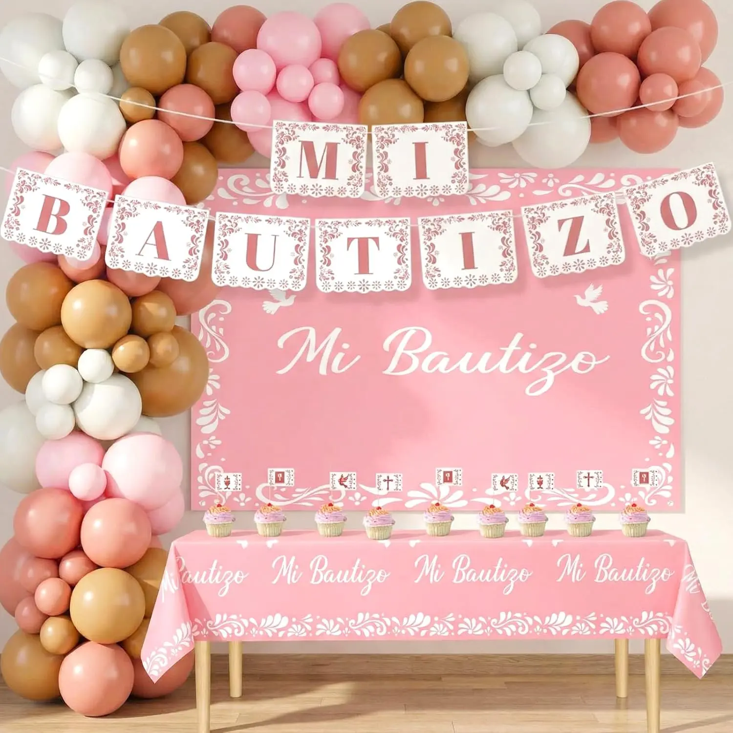 166 count Mi Bautizo Decorations Baptism Decorations  Papel Picado Banner Backdrop Balloons Cake Topper for Girls Cielito Lindo First Communion Mexican Christening Table Decor