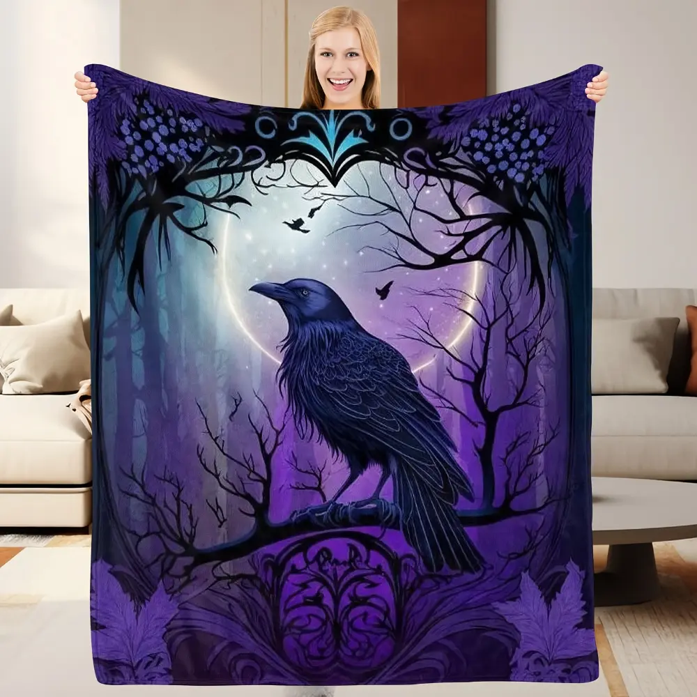Raven Blanket, Purple Moon Gothic Blanket with Black Crow Pattern, Witchy Aesthetic Throw Blanket for Bedroom Decor, Dark Cottagecore Room Accessories, Spooky Fantasy Blanket Gift for Gothic Lovers