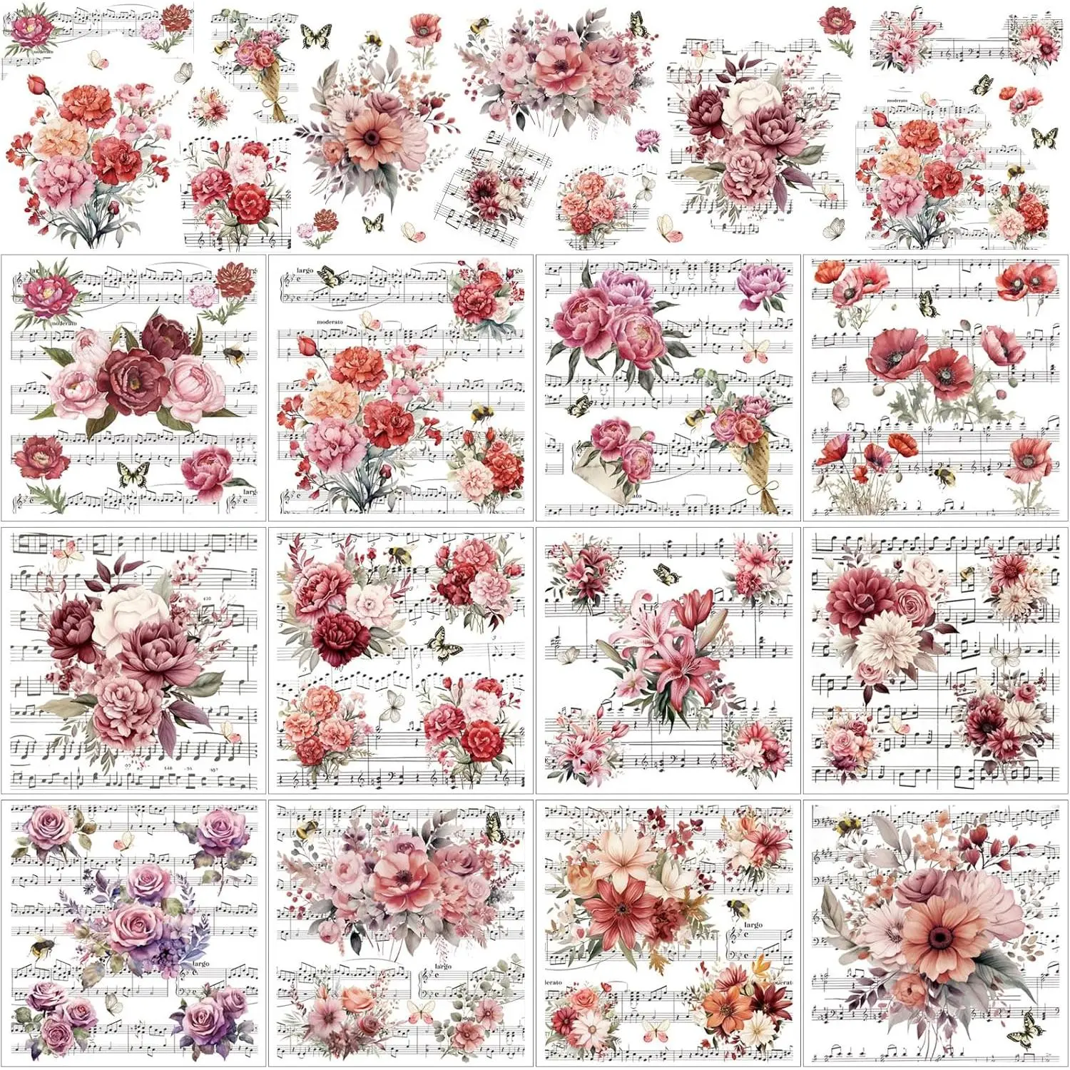 12 Sheets Music Flower Rub-On Transfer Stickers - 5.5x5.7 Inch DIY Scrapbooking & Stamping Supplies for Crafts, Furniture, Paper Home Decoration, Detailing Products