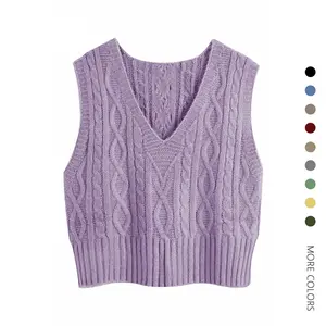 Danedvi Women's Retro V-Neck Cable Knit Vest - Soft Lightweight Basic Crop Tank Top, Thick Solid Fabric Sleeveless Loose Fit Knitwear, Casual Layering Piece for Shirts, Skirts