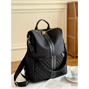 Simple Plain Quilted Nylon Backpack, Casual Large Capacity Shoulder Bag for Women, Multi-functional Zipper Backpack, Casual Travel Backpack