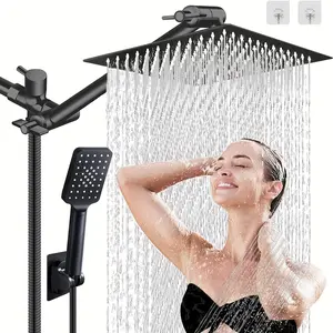 2024 12-Inch High-Pressure Rain Shower Head Combo with 9-Inch Adjustable Extension Arm and 3 Settings Handheld - Powerful Shower Spray Against Low Pressure Water - Long 78-Inch Hose and Wall Mount Stainless Steel Construction