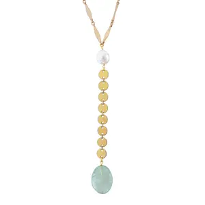 Green amethyst and gold coin drop necklace