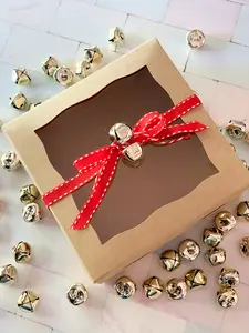 Set of 5 Kraft Brown Boxes with Jingle Bells and Red Stitch Ribbon for Christmas Gift and Cookie Boxes