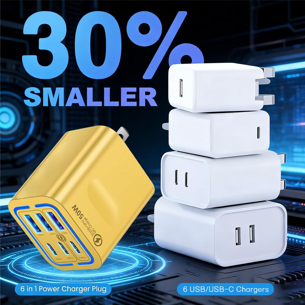 KAXOE 2pcs 50W 3 Type-C + 3 USB 6 Ports Mobile Phone Fast Charging Adapter USB Type C QC 3.0 Qiuck Charge Adapter Travel Charger Wall Charger for iPhone 17 Pro Max 16 15 14 13 12 for Samsung