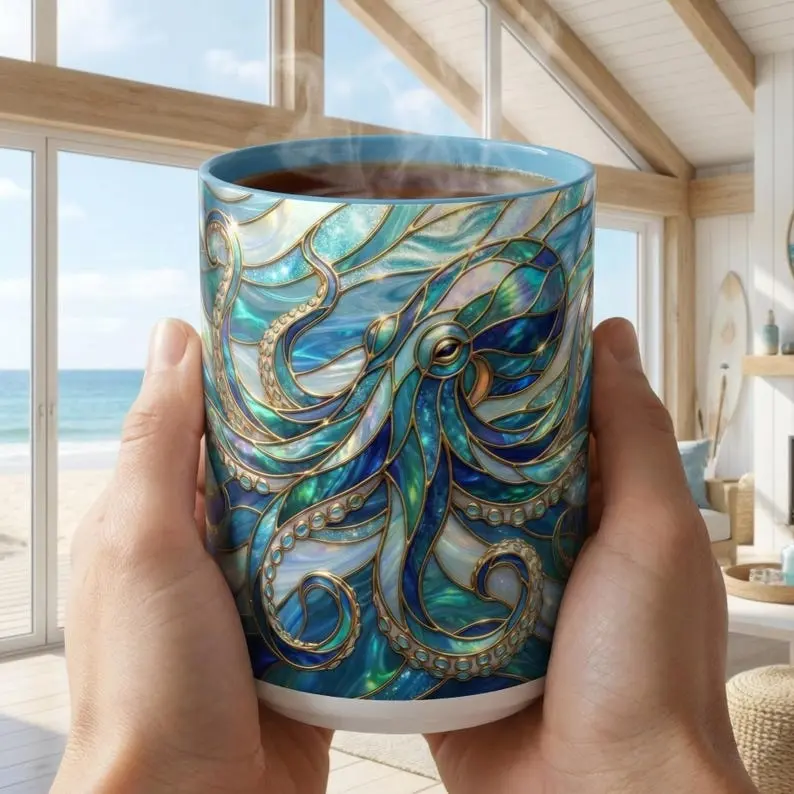 Stained Glass Octopus Mug, Octopus Coffee Mug, Ocean Art Mug, Nautical Decor Cup, Sea Creature Mug, Octopus Lover Gift