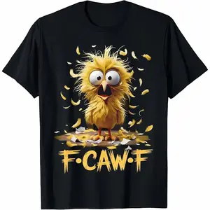 Cartoon Humor T-Shirt F caw F, Cotton Unisex Funny Surprised Yellow Bird with Flying Feathers Graphic Tee, Halloween Ghost Pumpkin Graphic T-shirt, Slightly Cropped Shirt Men, F·CAW·F Chicken-Inspired T-Shirt Casual Print